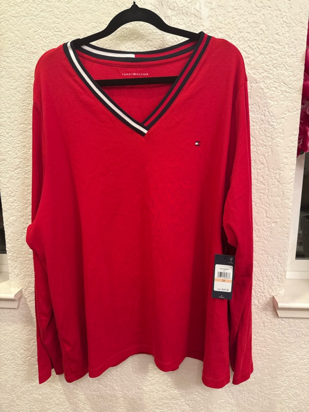 Tommy Hilfiger💯% Cotton Long Red V-Neck Long Sleeve Pullover Navy-White-Red trim
